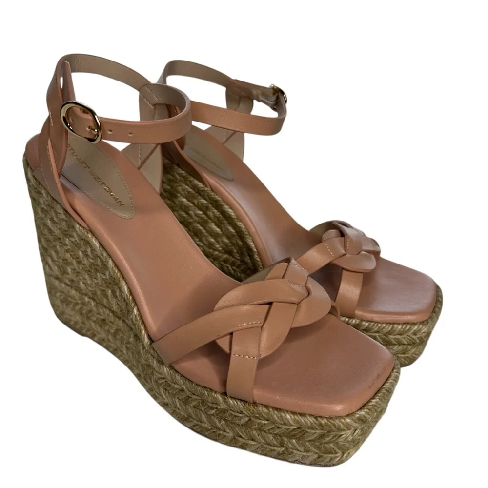 Stuart Weitzman Tan Braida Max Leather Espadrille Wedge Sandals Sz: 6.5